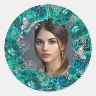 Sticker Rond Turquoise argent photo parties scintillant papillo