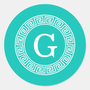Sticker Rond Turquoise Blanc Clé grecque Cadre Ronde Monogramme