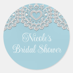 Sticker Rond Turquoise Bleu Blanc dentelle Coeur Mariage