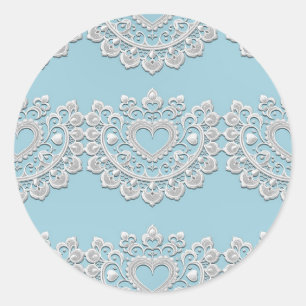 Sticker Rond Turquoise Bleu Blanc Dentelle Cœur Mariage Nuptial