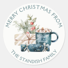 Sticker Rond Turquoise Bleu Joyeux Noël Chocolat chaud Nourritu