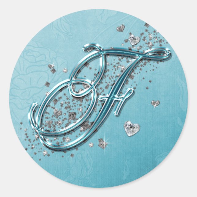 Sticker Rond Turquoise Bleu Parties scintillant Argent Script T (Devant)