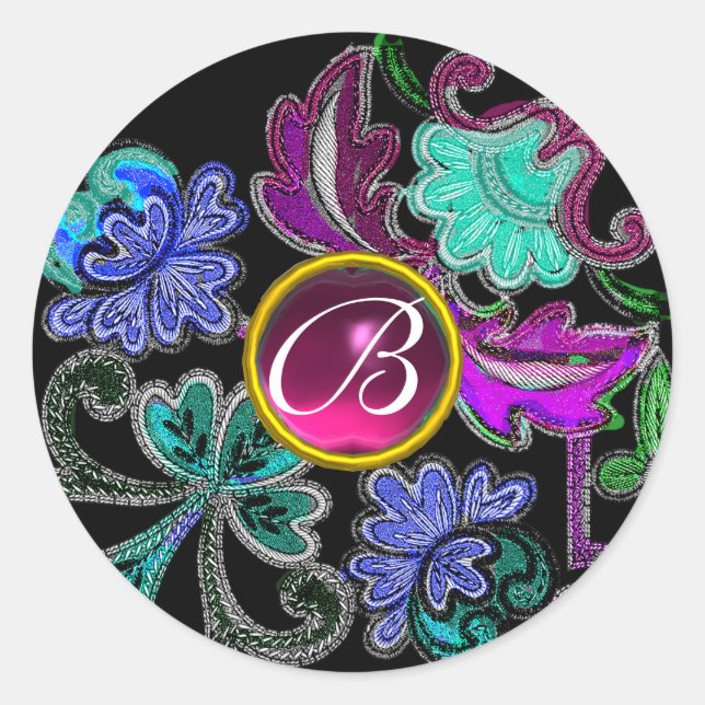 Sticker Rond TURQUOISE BLEU PURPLE LACE FLEURS GEMSTONES Noir (Devant)