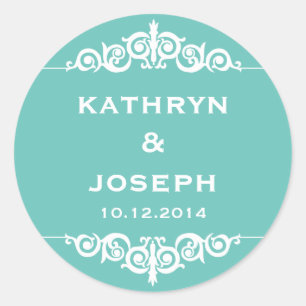Sticker Rond Turquoise bleu romantique élégant scroll mariage f