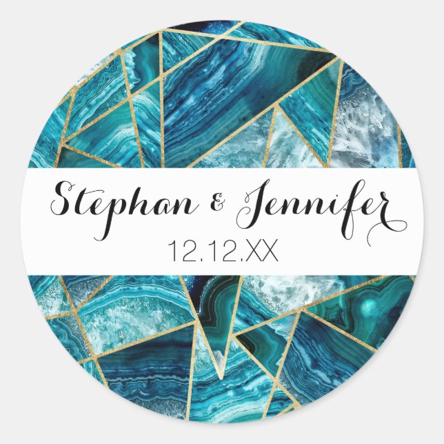 Sticker Rond Turquoise Blue Agate Black Gold Triangle géométriq (Devant)