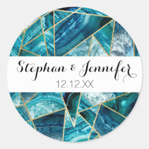 Sticker Rond Turquoise Blue Agate Black Gold Triangle géométriq