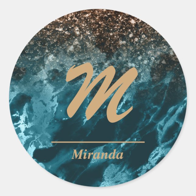 Sticker Rond Turquoise Blue Agate parties scintillant Monogramm (Devant)