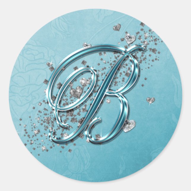 Sticker Rond Turquoise Blue Silver Parties scintillant Script T (Devant)