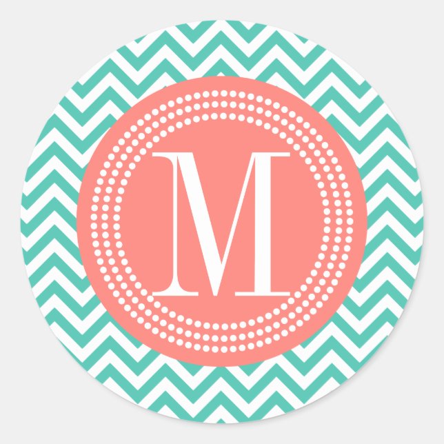 Sticker Rond Turquoise Chevron Zigzag Monogramme personnalisé (Devant)