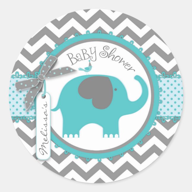 Sticker Rond Turquoise Elephant Boy Chevron Imprimer Baby showe (Devant)