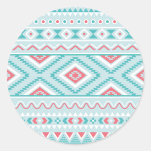 Sticker Rond Turquoise et Motif tribal aztèque rose