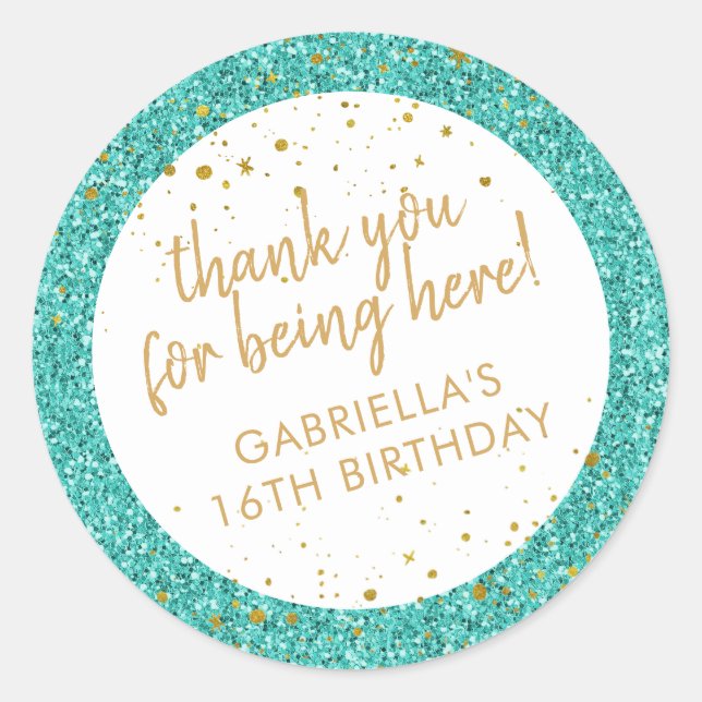 Sticker Rond Turquoise et or Confetti Parties scintillant Merci (Devant)