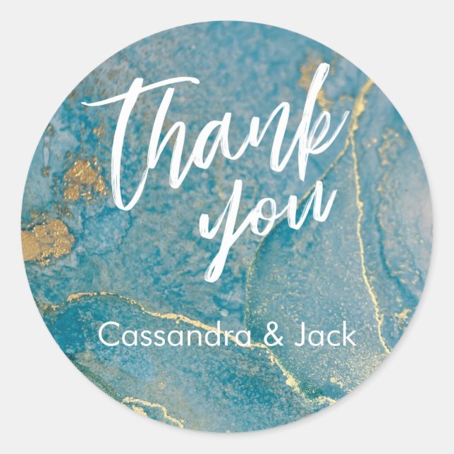 Sticker Rond Turquoise et or Liquide Art Abstrait Main Décontra (Devant)