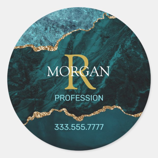 Sticker Rond Turquoise Gold Blk Agate, Nom Monogram Profession  (Devant)