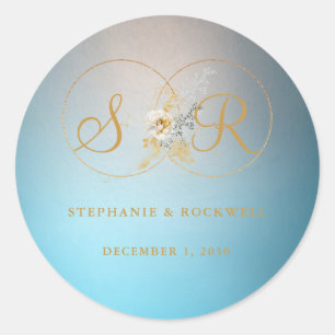 Sticker Rond Turquoise Gold Monogramme Nom Mariage initial