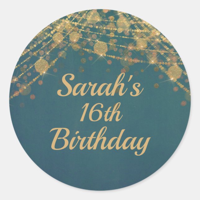 Sticker Rond Turquoise Gold String éclaire Bokeh Girl's 16th Bi (Devant)