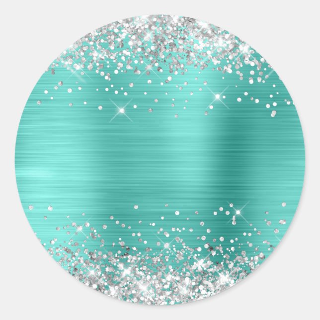 Sticker Rond Turquoise Métallic Pailleté Argent Vierge (Devant)