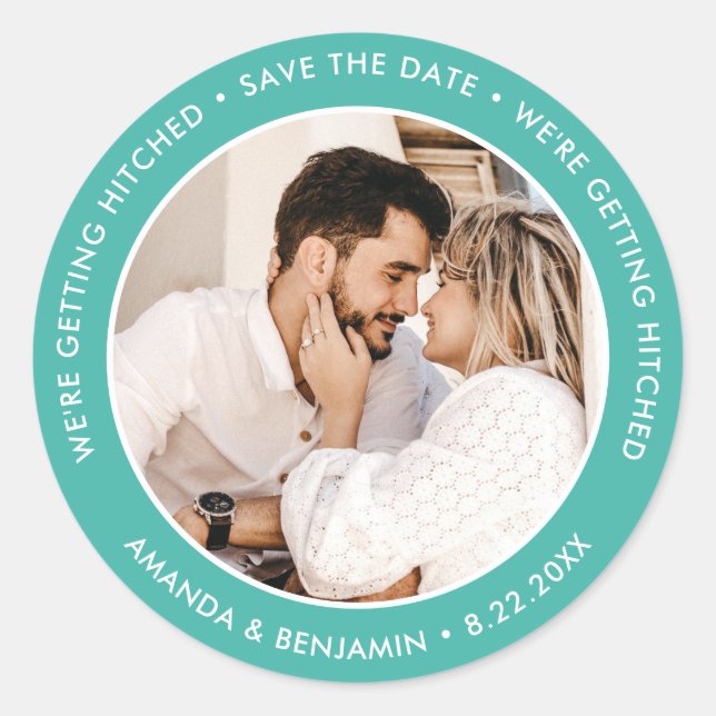 Sticker Rond Turquoise Moderne Photo Mariage Enregistrer La Dat (Devant)
