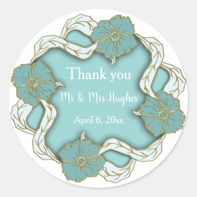 Sticker Rond Turquoise Monogramme mariage floral merci (Devant)