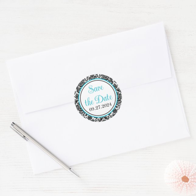 Sticker Rond Turquoise, Noir, Mariage damassé blanche (Enveloppe)