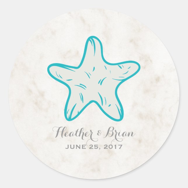 Sticker Rond Turquoise Rustic Starfish Mariage (Devant)