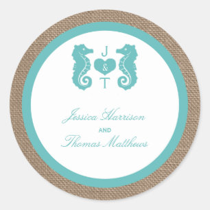Sticker Rond Turquoise Seahorse Burlap Beach Wedding Collection