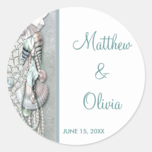 Sticker Rond Turquoise Seashells Pearl Beach Mariage Favoriser