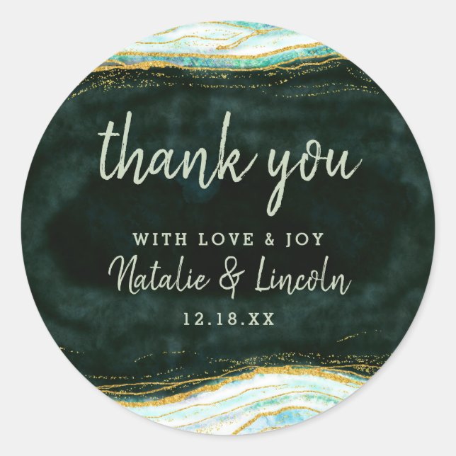 Sticker Rond Turquoise Vert & Or Agate Marbre Mariage Merci (Devant)