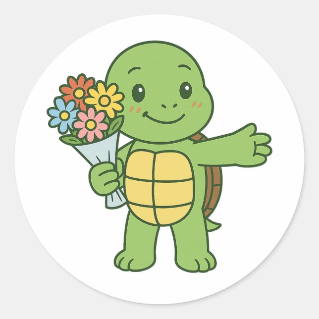 Sticker Rond Turtle holding a bouquet of flower (Devant)