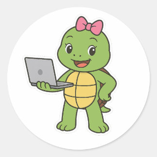 Sticker Rond Turtle working on a laptop