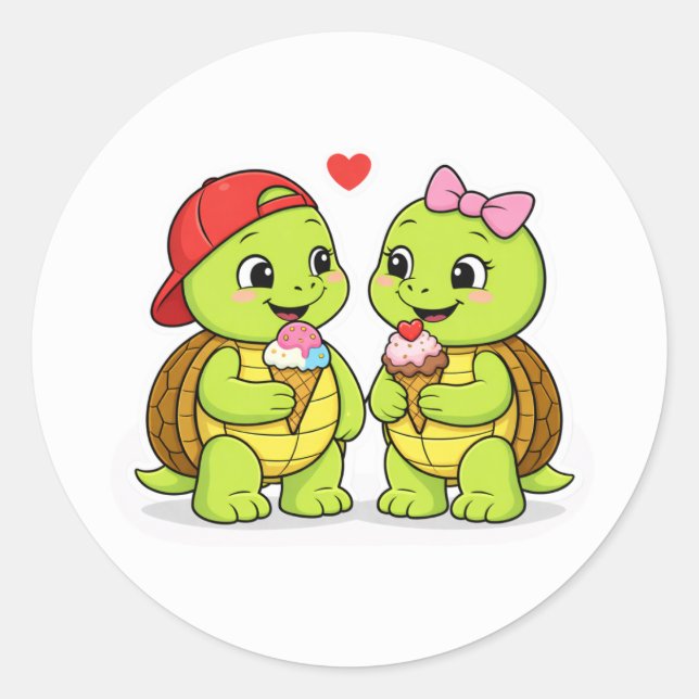 Sticker Rond Turtles sharing ice cream and love (Devant)