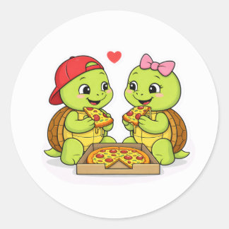 Sticker Rond Turtles sharing pizza and smiles