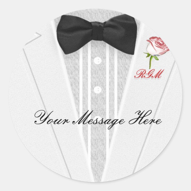 Sticker Rond Tuxedo blanc avec Cravate Bow noire Monogramme (Devant)