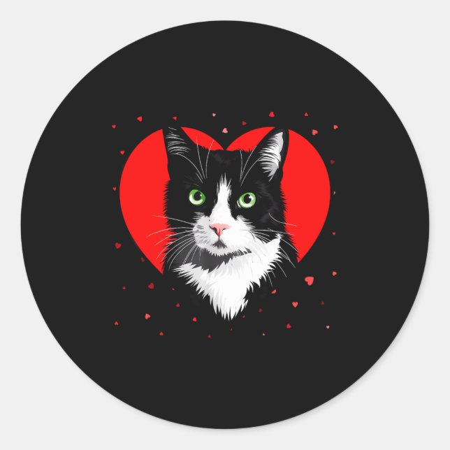 Sticker Rond Tuxedo Cat Valentine Heart For Kitten And Animal L (Devant)