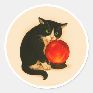 Sticker Rond Tuxedo cat with red crystal ball