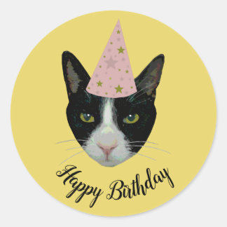 Sticker Rond Tuxedo Chat avec Casquette de fête