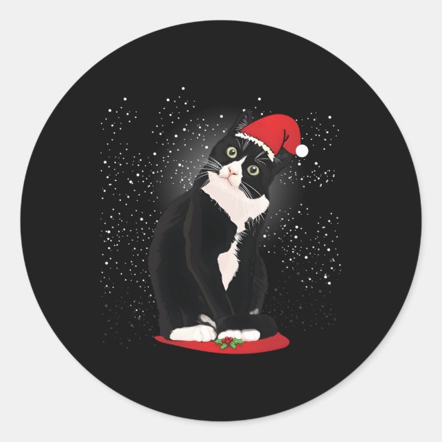 Sticker Rond Tuxedo Chat Santa Claus hiver neige (Devant)