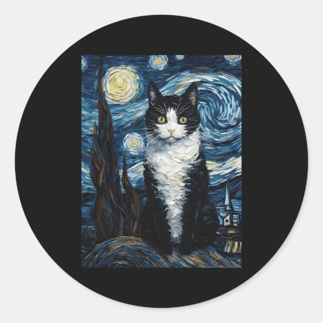 Sticker Rond Tuxedo Chat Starry Lune De Nuit Et Étoiles (Devant)