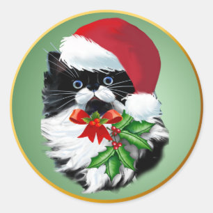 Sticker Rond Tuxedo Kitty à Noël