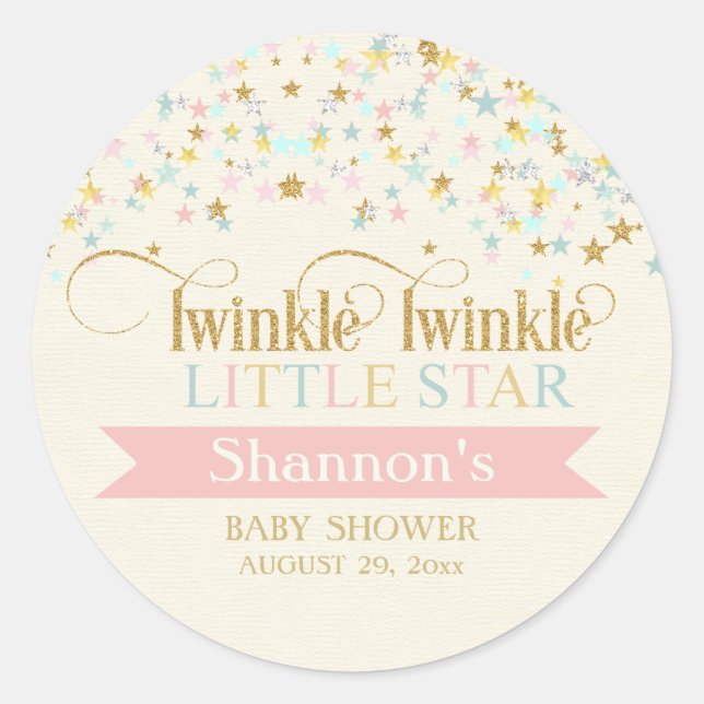 Sticker Rond Twinkle Little Star Baby shower Gold Aqua rose (Devant)