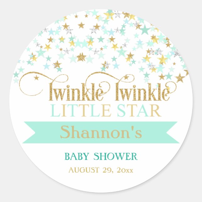 Sticker Rond Twinkle Little Star Baby shower Mint Green & Gold (Devant)