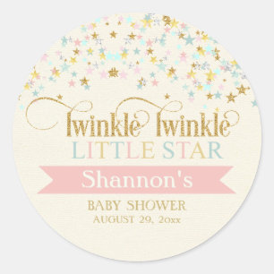 Sticker Rond Twinkle Little Star Baby Shower Or Rose Aqua Doré