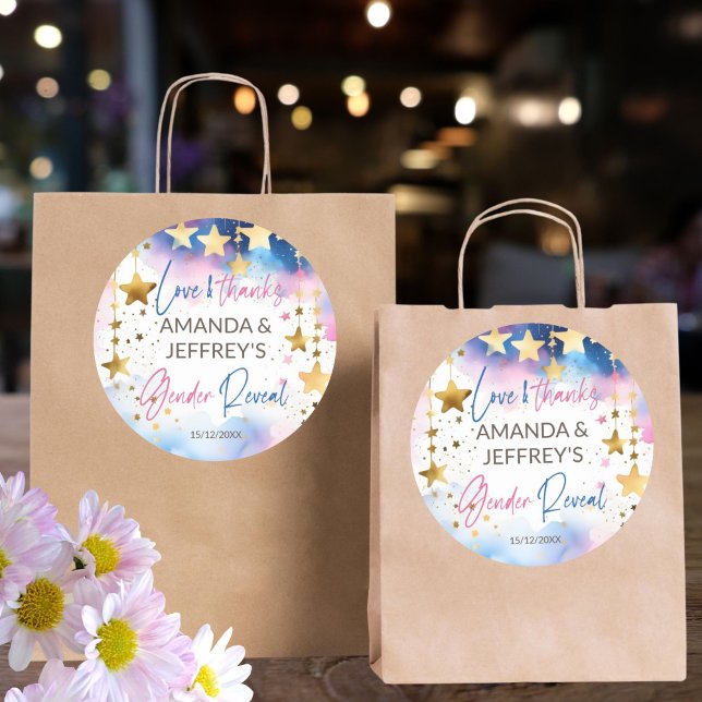 Sticker Rond Twinkle scintillement petit star genre révéler la  (Twinkle twinkle little star gender reveal favor stickers pink and blue gold stars thank you stickers)