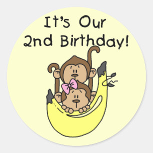 Sticker Rond Twins Monkey Boy and Girl 2e anniversaire