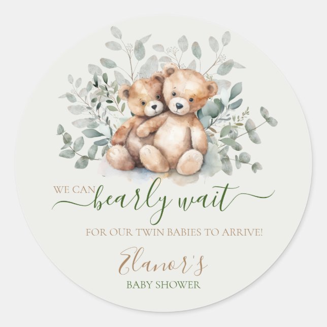 Sticker Rond Twins Teddy Bear Greenery Boho Neutral Baby shower (Devant)