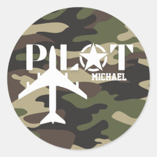 Sticker Rond Typographie de pilote camouflée, personnalisée