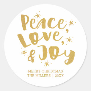 Sticker Rond Typographie dorée Paix Amour & Joie Vacances Noël