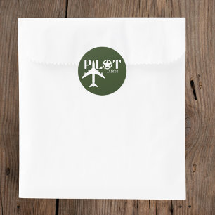 Sticker Rond Typographie du pilote et avion Militaire Green Cus