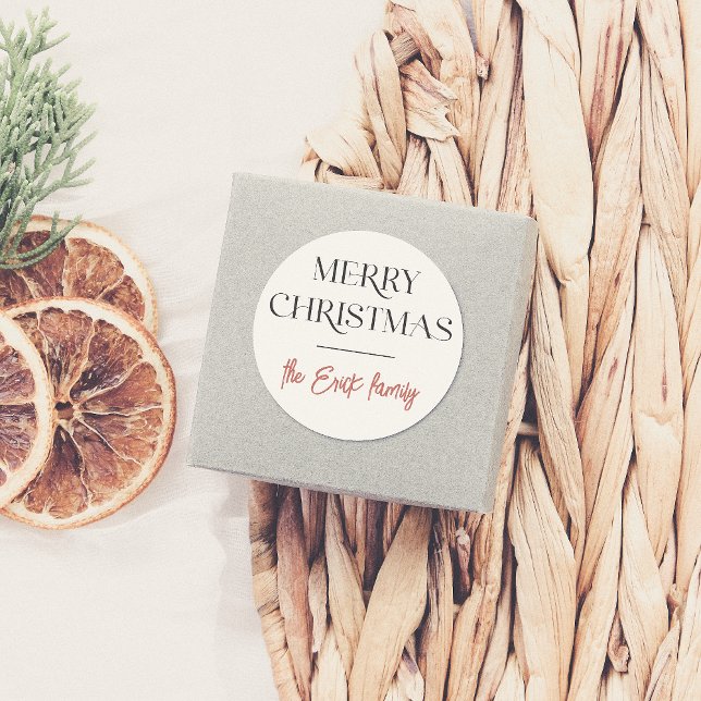 Sticker Rond Typographie élégante Joyeux Noël et Nom de famille (Créateur téléchargé)