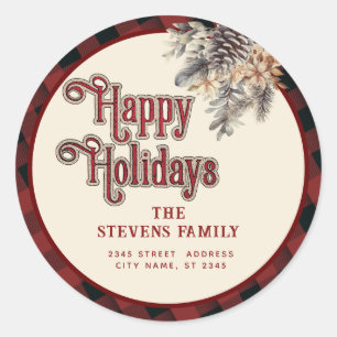 Sticker Rond Typographie moderne Happy Holidays pin cone floral